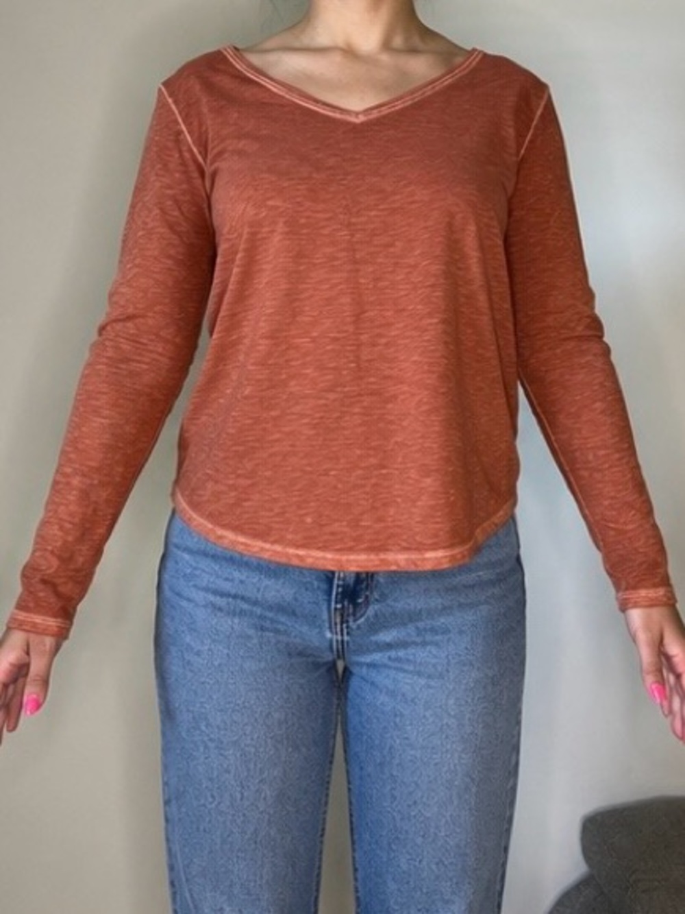 Peruvian Connection Rust V-Neck Long-Sleeve Tee